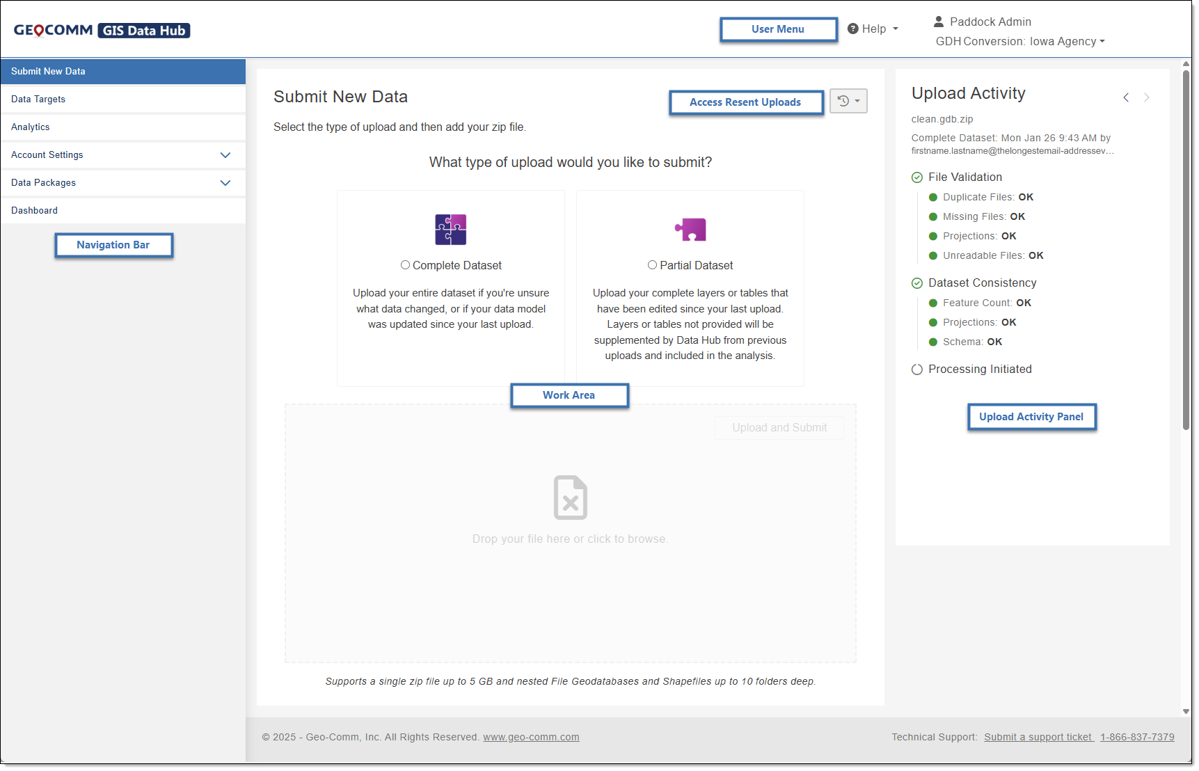 Workspace Here is an image describing the main sections of the home page.